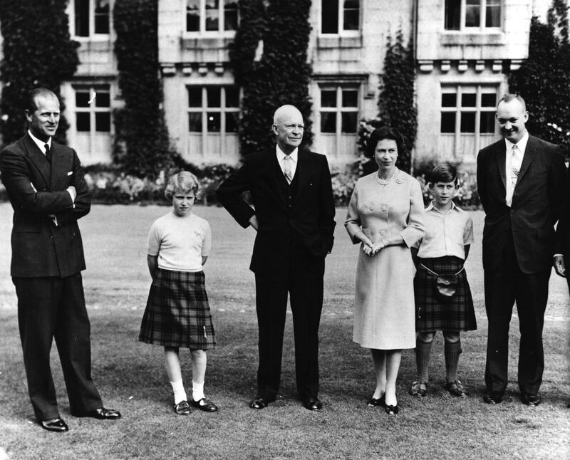 President Eisenhower (centre) with the British Royal family (L-R) Prince Philip, Princess Anne, HM Queen Elizabeth, Prince Charles and Captain John Eisenhower, at Balmoral Castle, Scotland, September 1959. (Photo by Fox Photos/Hulton Archive/Getty Images)