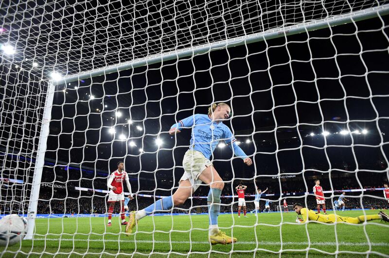 Manchester City's Erling Haaland celebrates his team's first goal. AFP