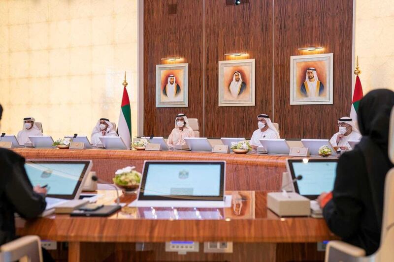 Sheikh Mohammed bin Rashid, Vice President, Prime Minister and Ruler of Dubai, chairs the Council of Ministers at Al-Watan Palace. Courtesy Sheikh Mohammed bin Rashid's Twitter