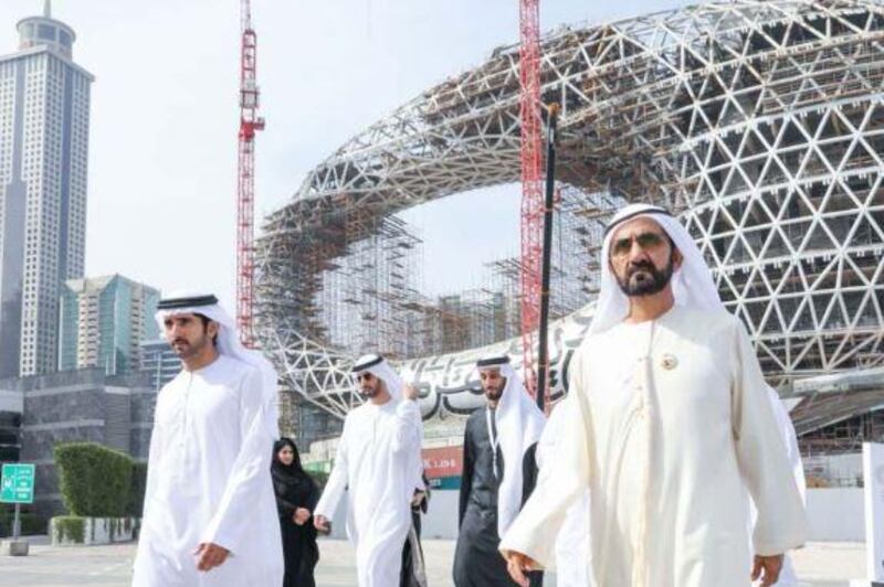 Sheikh Mohammed bin Rashid, Vice President and Ruler of Dubai, and Sheikh Hamdan bin Mohammed, Crown Prince of Dubai, visit the construction site for the Museum of the Future. Courtesy Dubai Media Office