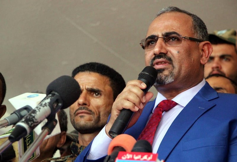 Former Aden governor Aidarous Al Zabidi addresses a rally in his support in Yemen’s southern port city on May 4, 2017. EPA