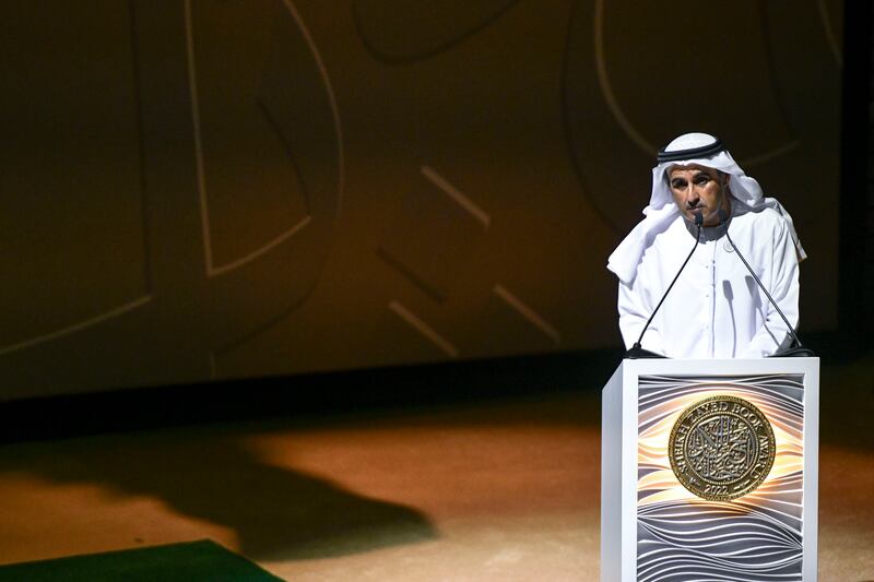 Ali bin Tamim, chairman of Abu Dhabi Arabic Language Centre, speaks at Sheikh Zayed Book Award ceremony held at Louvre Abu Dhabi. Photo: Khushnum Bhandari / The National