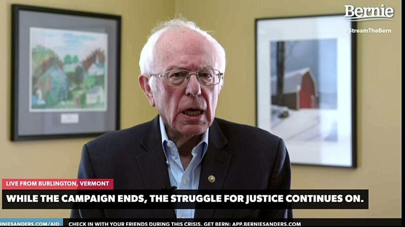 Democratic U.S. Presidential candidate Senator Bernie Sanders announces to supporters that he is suspending his campaign for the Democratic presidential nomination in a livestream broadcast from his home in Burlington, Vermont, U.S. April 8, 2020.   Bernie Sanders 2020 Campaign/Handout via Reuters