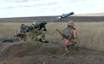 Ukrainian soldiers use a launched with American Javelin missiles during exercises in January. AP 