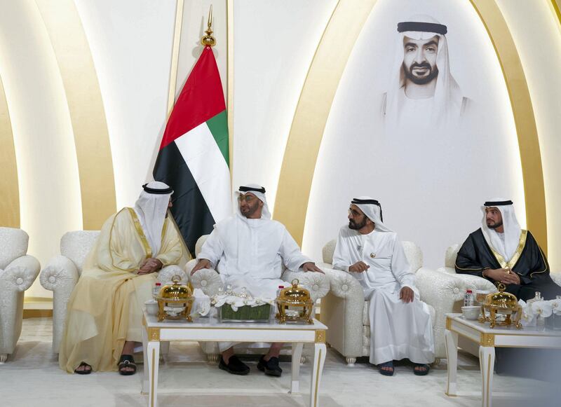 ABU DHABI, UNITED ARAB EMIRATES - November 03, 2019: HH Sheikh Mohamed bin Zayed Al Nahyan, Crown Prince of Abu Dhabi and Deputy Supreme Commander of the UAE Armed Forces (3rd R) and HH Sheikh Mohamed bin Rashid Al Maktoum, Vice-President, Prime Minister of the UAE, Ruler of Dubai and Minister of Defence (2nd R), attend the wedding of Saaed Mohamed Al Gergawi (R), at Dubai World Trade Centre. Seen with HE Mohamed Abdulla Al Gergawi, UAE Minister of Cabinet Affairs and the Future (L). 


( Mohamed Al Hammadi / Ministry of Presidential Affairs )
---