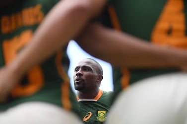 LONDON, ENGLAND - MAY 29:  Siviwe Soyizwapi of South Africa speaks to his teammates after defeat in the Cup Quarter-Final match between Australia and South Africa on day two of the HSBC London Sevens  on May 29, 2022 in London, England. (Photo by Alex Davidson / Getty Images)