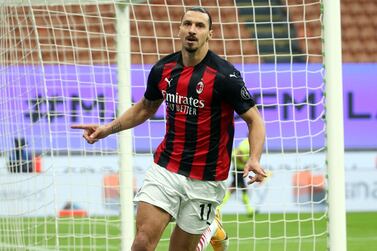 AC Milan's Zlatan Ibrahimovic celebrates scoring the first against Inter. EPA