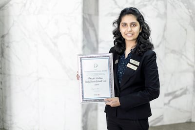 DUBAI, UNITED ARAB EMIRATES, March 19, 2015. Arushi Madan, TUNZA Eco Generation Regional Ambassador to Middle East, with her Diana Award for her contribution to the community. Photo: Reem Mohammed / The National   *** Local Caption ***  RM_20150319_ARUSHI_003.JPG