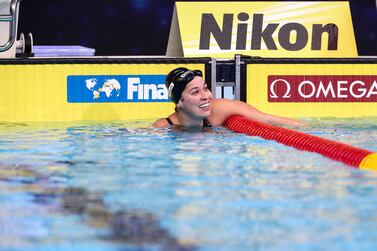 Ranomi Kromowidjojo from the Netherlands wins the WomenÕs 50m Butterly competition at the 15th FINA World Swimming Championships in Etihad Arena, Yas Island. Khushnum Bhandari / The National
