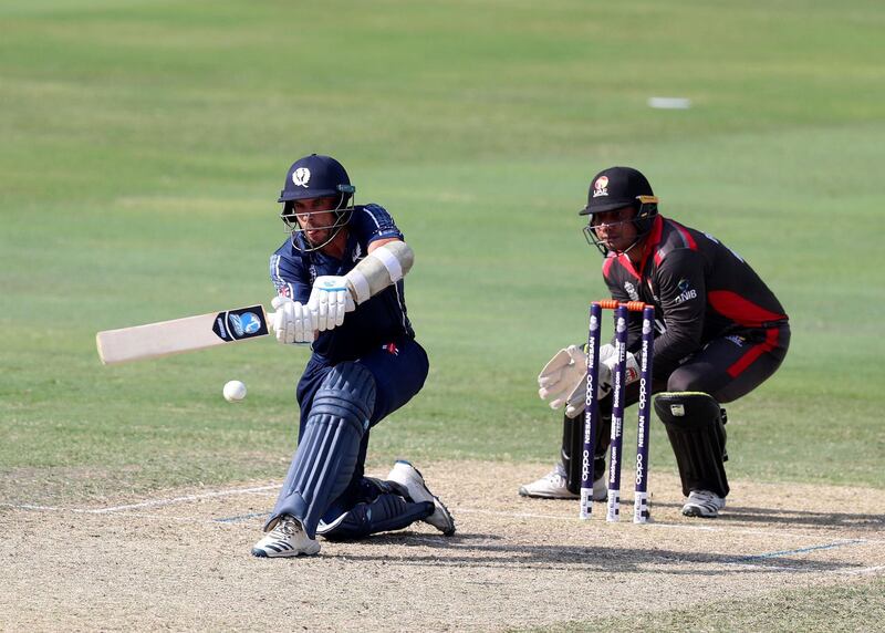 Dubai, United Arab Emirates - October 30, 2019: Kyle Coetzer of Scotland scores more runs during the game between the UAE and Scotland in the World Cup Qualifier in the Dubai International Cricket Stadium. Wednesday the 30th of October 2019. Sports City, Dubai. Chris Whiteoak / The National