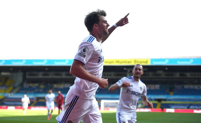 LEEDS, ENGLAND - SEPTEMBER 19: Patrick Bamford of Leeds United celebrates after scoring his teams 3rd goal during the Premier League match between Leeds United and Fulham at Elland Road on September 19, 2020 in Leeds, England. (Photo by Oli Scarff - Pool/Getty Images)
