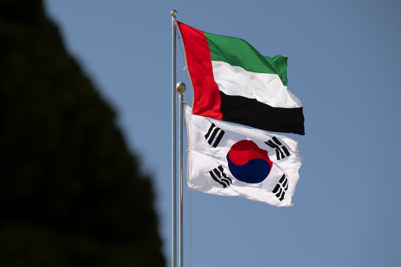 The UAE and South Korean flags are flown at Seoul airbase. Photo: Abdulla Al Neyadi / UAE Presidential Court