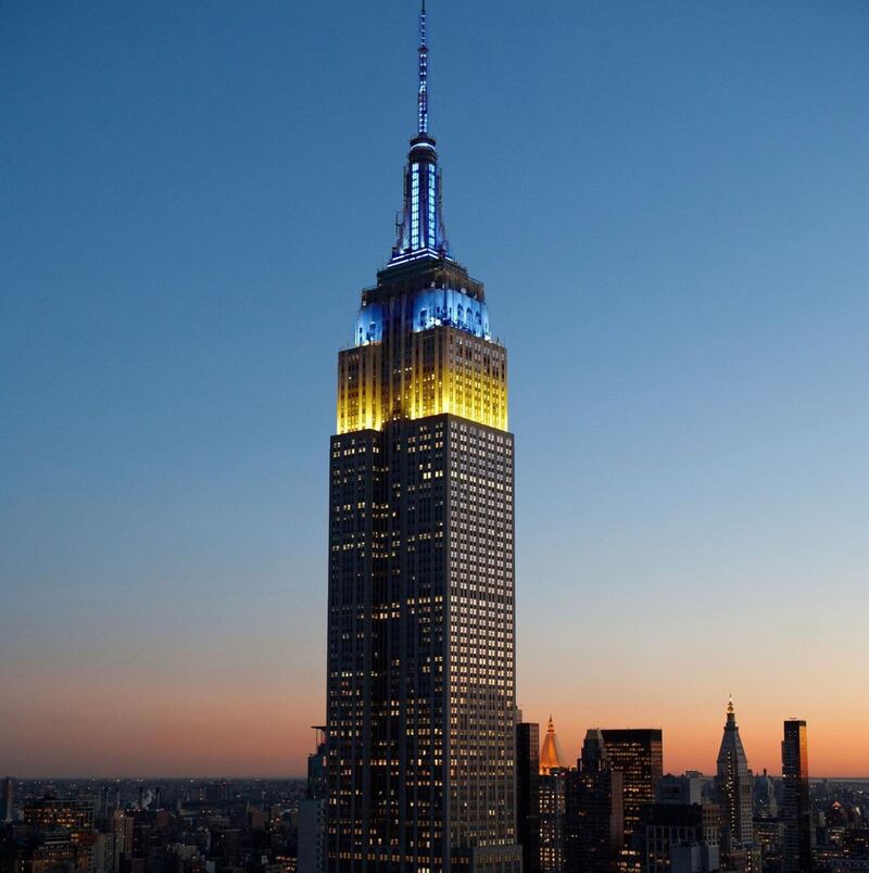 The Empire State Building in New York lights up with the colours of Ukraine in a show of solidarity. Photo: Empire State Building