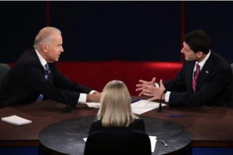 (R-WUS vice president Joe Biden, l,  Republican vice presidential candidate US Rep. Paul Ryan don't seem to be listening to each other at vice presidential debate.