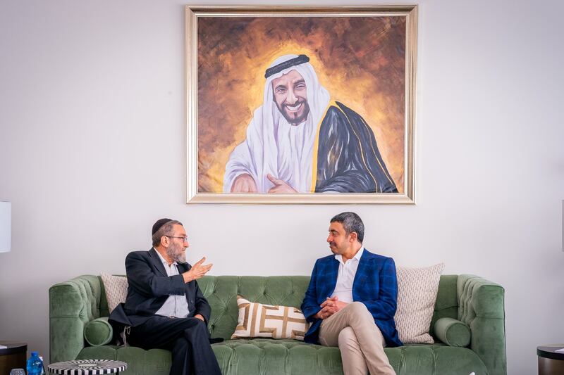 Sheikh Abdullah meets Knesset member Moshe Gafni on his visit. 