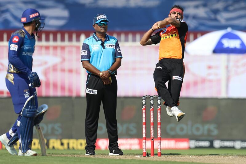 Siddarth Kaul of Sunrisers Hyderabad bowls during match 17 of season 13 of the Dream 11 Indian Premier League (IPL) between the Mumbai Indians and the Sunrisers Hyderabad held at the Sharjah Cricket Stadium, Sharjah in the United Arab Emirates on the 4th October 2020.
Photo by: Deepak Malik  / Sportzpics for BCCI