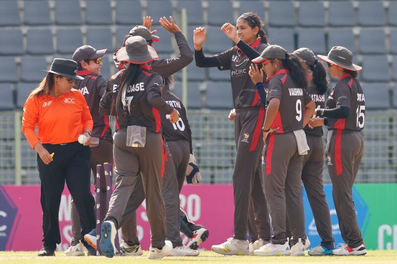 Mahika Gaur celebrates the wicket of Thailand opener Nannapat Koncharoenkai. Courtesy ACC