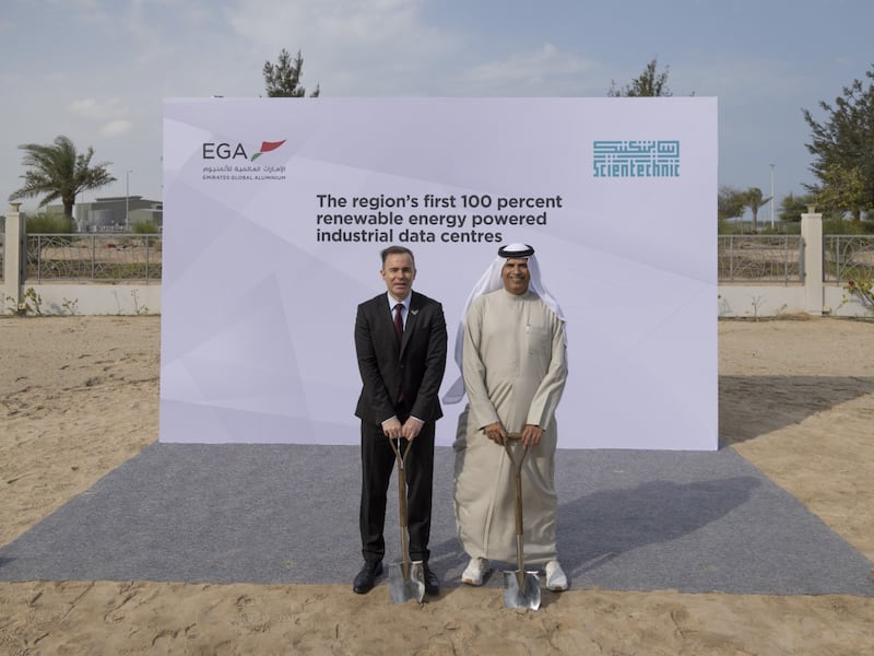 Emirates Global Aluminium chief executive Abdulnasser bin Kalban, right, and Carlo Nizam, EGA chief digital officer, at the groundbreaking ceremony. Photo: EGA
