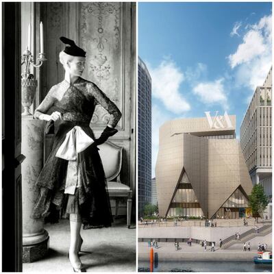 A dress by Cristobal Balenciaga, shown next to the new V&A East building. Courtesy Balenciaga and the V&A 