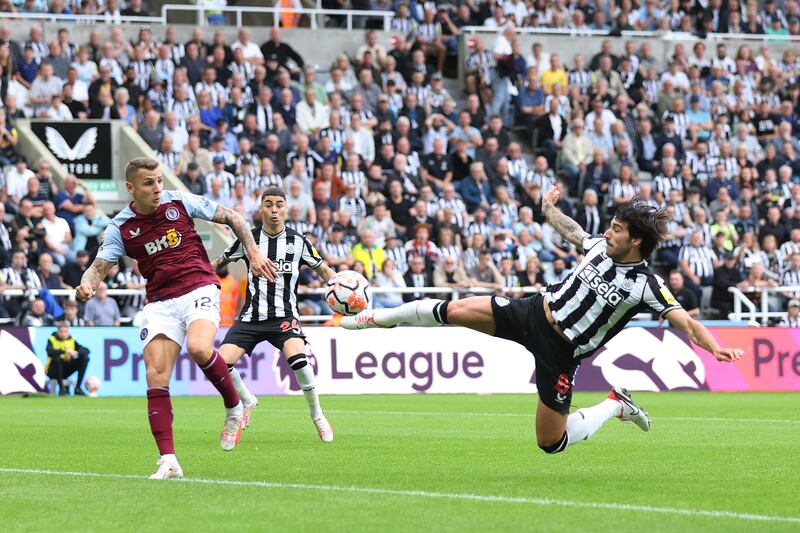 Sandro Tonali scores six minutes into his Newcastle debut against Aston Villa. Getty