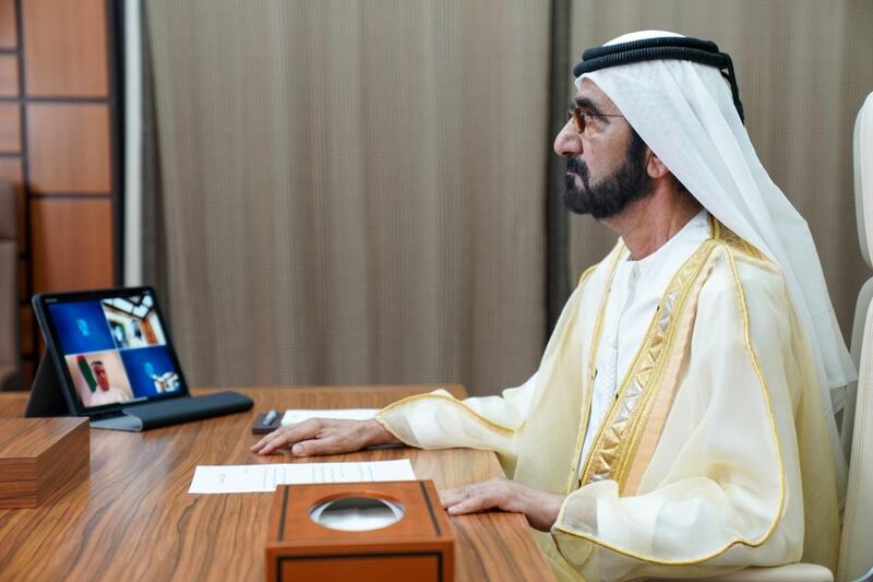 Sheikh Mohammed bin Rashid, Vice President and Ruler of Dubai, attends the virtual closing session for the G20 Summit. Courtesy: Dubai Media Office