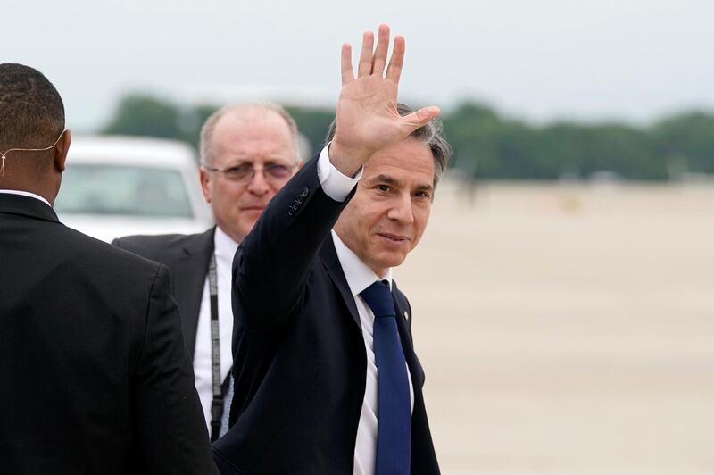 US Secretary of State Antony Blinken waves as he departs to visit Israel and West Bank, at Andrews Air Force Base, Maryland. Reuters