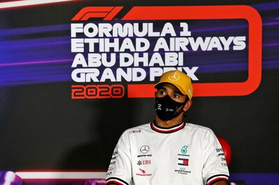 ABU DHABI, UNITED ARAB EMIRATES - DECEMBER 12: Third place qualifier Lewis Hamilton of Great Britain and Mercedes GP talks in a press conference after qualifying ahead of the F1 Grand Prix of Abu Dhabi at Yas Marina Circuit on December 12, 2020 in Abu Dhabi, United Arab Emirates. (Photo by James Moy - Pool/Getty Images)