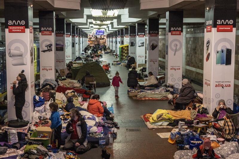 People shelter in an underground station in Kharkiv, Ukraine, as the war enters its sixth week. Getty