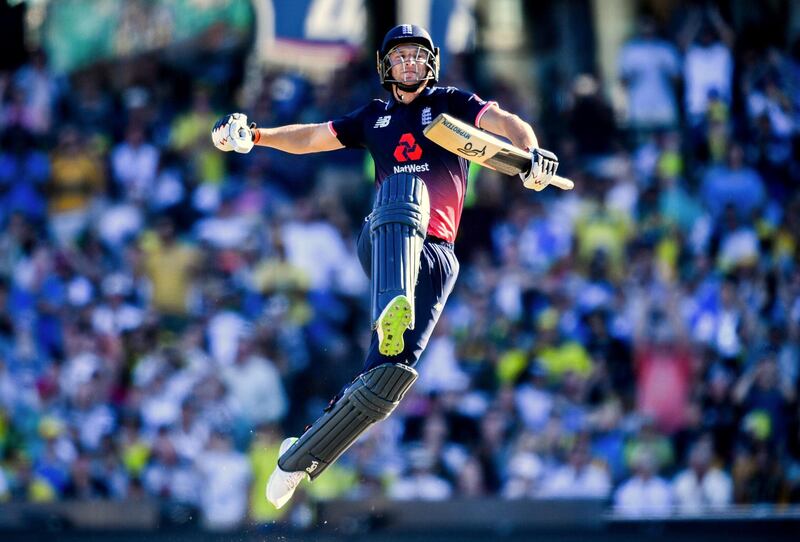 England's Jos Buttler celebrates after scoring a century during the one-day international match against Australia at the Sydney Cricket Ground in Sydney, Australia, January 21, 2018. AAP/Brendan Esposito/via REUTERS    ATTENTION EDITORS - THIS IMAGE WAS PROVIDED BY A THIRD PARTY. NO RESALES. NO ARCHIVE. AUSTRALIA OUT. NEW ZEALAND OUT.