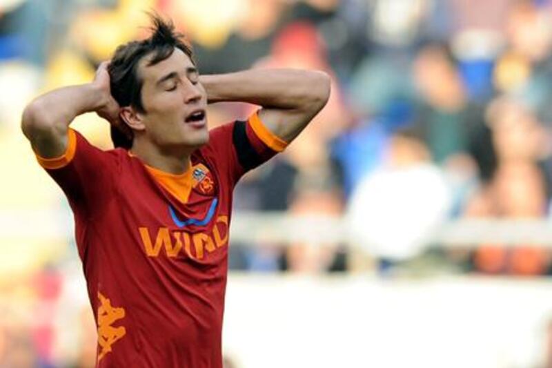 AS Roma's Spanish forward Bojan Krkic reacts during the Italian Serie A football match against Palermo on October 23, 2011 at Olympic Stadium in Rome. AFP PHOTO / Tiziana Fabi