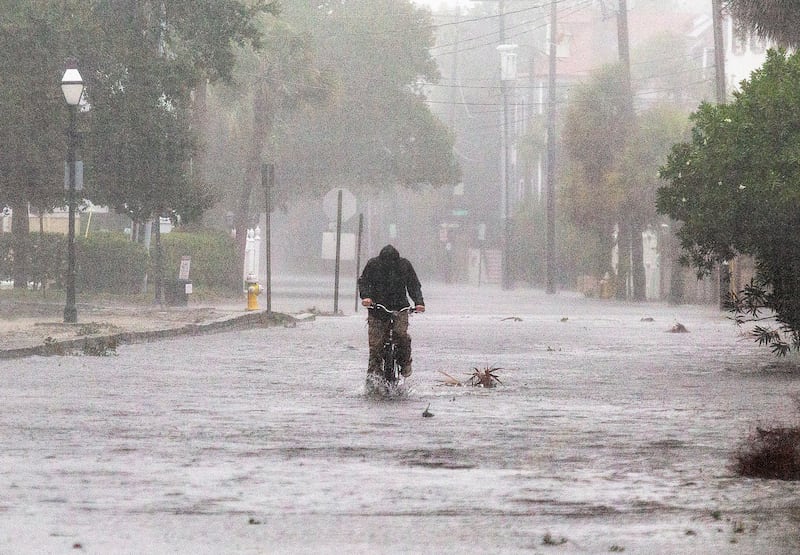 Flood waters on the streets of the South Battery in Charleston, South Carolina, as Hurricane Ian blows through on September 30. AP