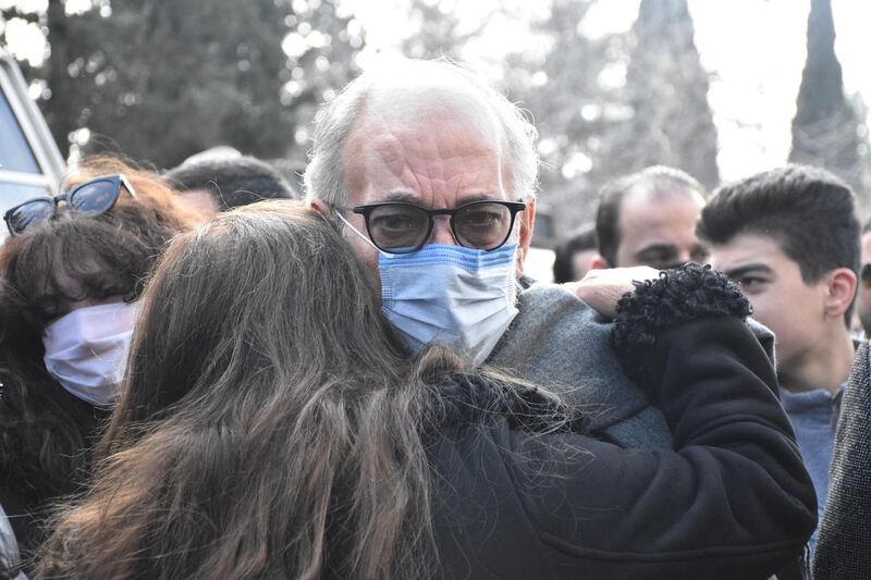 Syrian actor and filmmaker Ghassan Massoud attends the funeral procession for Hatem Ali in Damascus, Syria. EPA