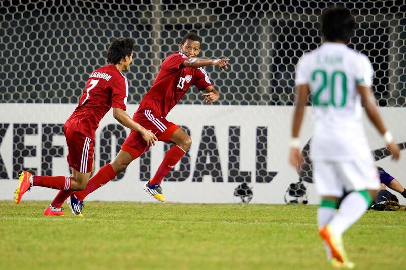 UAE celebrate a goal during the Asian Under 19 Championship match against Indonesia in Myanmar, on October 14, 2014. Courtesy UAE FA