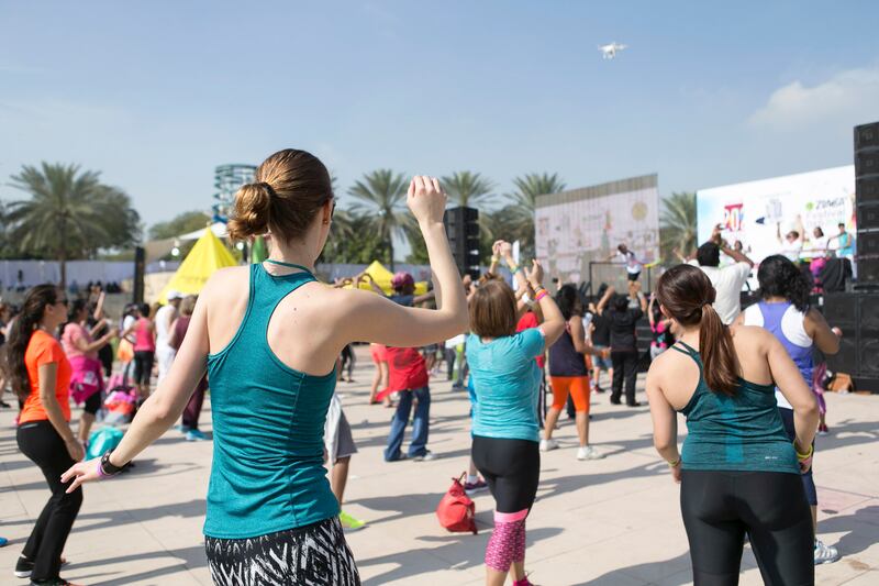 DUBAI, UNITED ARAB EMIRATES, Jan 23, 2016. People dance at the Zumba Festival Dubai. Photo: Reem Mohammed (Section: STANDALONE) Job ID: 13198 *** Local Caption ***  RM_20160123_ZUMBA_10.JPG