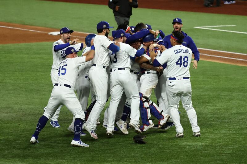 Los Angeles Dodgers players celebrate winning the World Series against the Tampa Bay Rays. USA Today