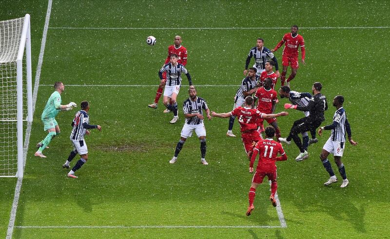 Liverpool goalkeeper Alisson Becker scores the injury-time winner against West Bromwich Albion in the Premier League game at The Hawthorns on Sunday, May 16. Reuters