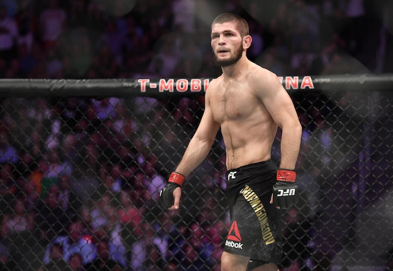 LAS VEGAS, NV - OCTOBER 06:   Khabib Nurmagomedov of Russia stares across at Conor McGregor of Ireland in their UFC lightweight championship bout during the UFC 229 event inside T-Mobile Arena on October 6, 2018 in Las Vegas, Nevada. (Photo by Brandon Magnus/Zuffa LLC/Zuffa LLC via Getty Images)