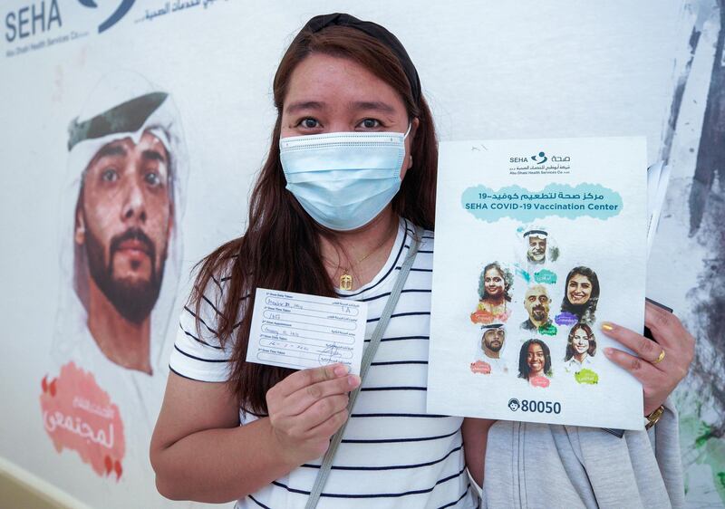 Abu Dhabi, United Arab Emirates, January 12, 2021. SEHA Vaccination Centre at the Abu Dhabi Cruise Terminal area.  Workers waiting to get vaccinated.Victor Besa/The NationalSection:  NAReporter:  Shireena Al NowaisVictor Besa/The NationalSection:  NAReporter:  Shireena Al Nowais