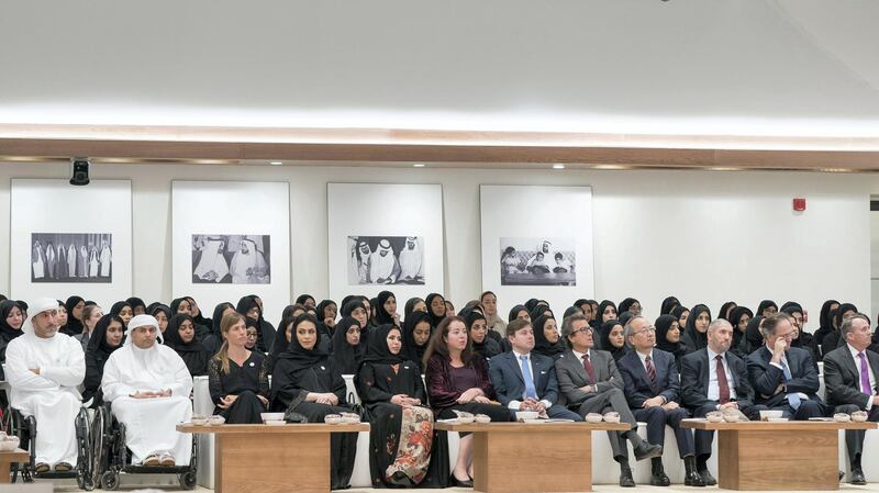 ABU DHABI, UNITED ARAB EMIRATES - May 28, 2018: Guests attend a lecture by Professor Hugh Herr, titled ‘The New Era of Extreme Bionics’, at Majlis Mohamed bin Zayed.
 ( Mohamed Al Hammadi / Crown Prince Court - Abu Dhabi )
---