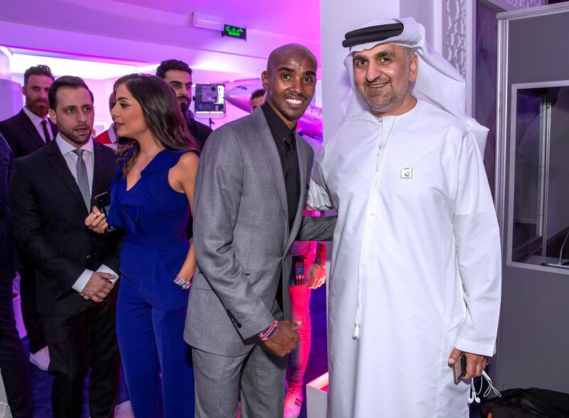 Abu Dhabi, United Arab Emirates, May 22, 2019.    Suhur with Legends at Sky News Arabia HQ.  (center-right)  Mo Farah, British Olympic gold medallist, arrives at the Suhur with H.E. Aref Hamad Al Awani, General Secretary of Abu Dhabi Sports Council (ADSC). 
Victor Besa/The National
Section:   SP
Reporter:  Amith Passela
