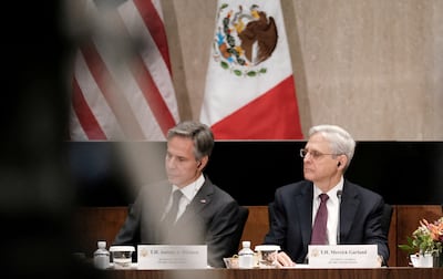 US Attorney General Merrick Garland (right) and US Secretary of State Antony Blinken at the opening of the US-Mexico High-Level Security Dialogue at the State Department in Washington, on October 13. Reuters