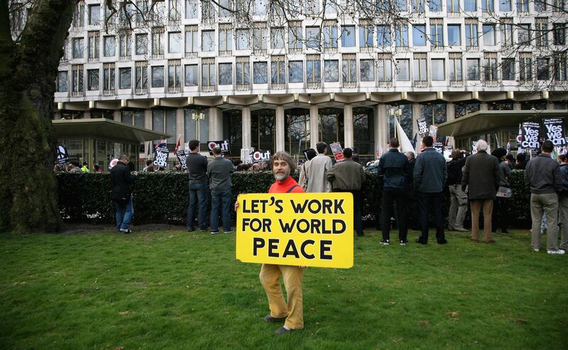 Protesters gather at the embassy to march to Trafalgar Square in 2009, demanding action on poverty, climate change and jobs, as world leaders arrived in London for the G20 summit. Getty Images