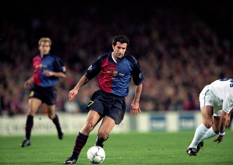 18 Apr 2000:  Luis Figo of Barcelona in action during the UEFA Champions League quarter-final second leg against Chelsea at the Nou Camp in Barcelona, Spain.  Barcelona won the match 5-1. \ Mandatory Credit: Clive Brunskill /Allsport