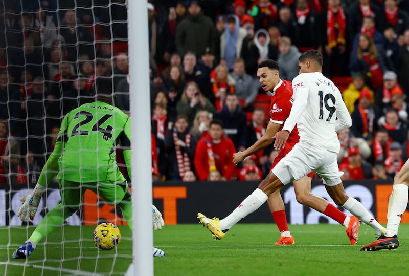 Liverpool's Trent Alexander-Arnold shoots at goal. Reuters