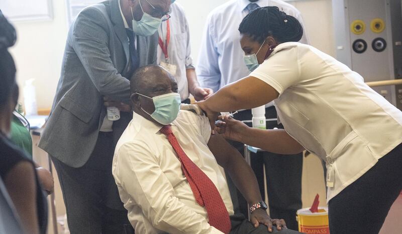 CAPE TOWN, SOUTH AFRICA - FEBRUARY 17: President Cyril Ramaphosa receives the COVID-19 vaccine at the launch of Western Cape COVID-19 Vaccination Programme at Khayelitsha Distrcit Hospital on February 17, 2021 in Cape Town, South Africa. It is reported that the first vaccinations will be given to health workers as part of the national vaccination programme. (Photo by Brenton Geach/Gallo Images via Getty Images)