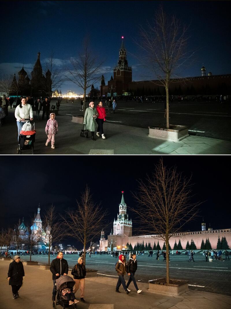 Kremlin Wall with Spasskaya Tower, centre, and St Basil's Cathedral in Moscow, Russia. AP
