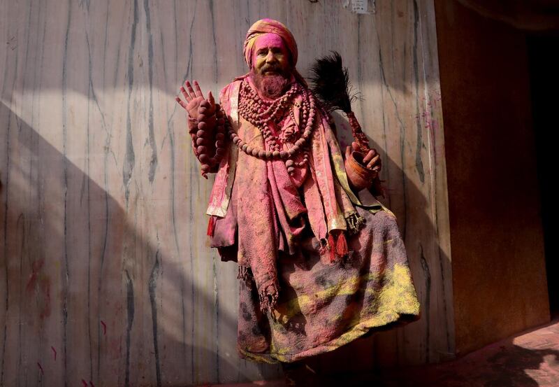 An Indian Hindu Holy man during the Lathmar Holi festival at the Nandgram temple in Nandgaon, Mathura, India, 05 March 2020. Holi is the Hindu spring festival of colors. In Barsana and Nandagaon, people celebrate a variation of Holi called 'Lathmar' Holi. EPA