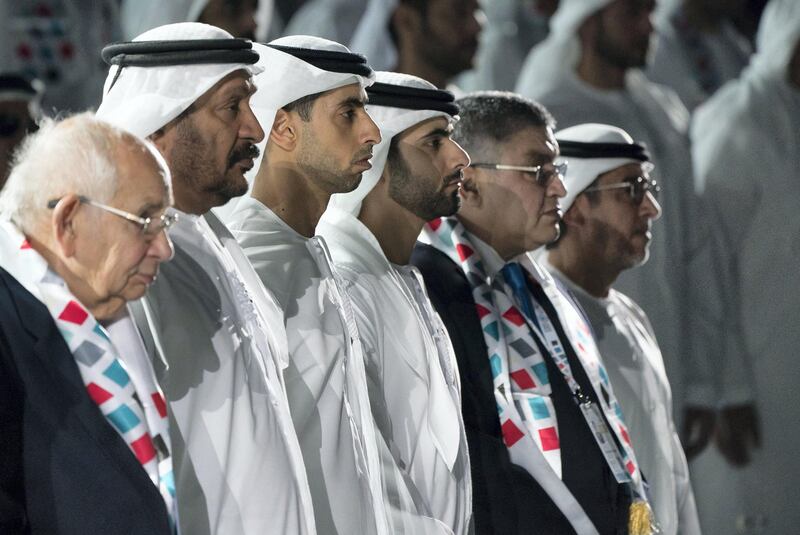 ABU DHABI, UNITED ARAB EMIRATES - March 17, 2018: HH Sheikh Saeed bin Mohamed Al Nahyan,  (2nd L), HH Sheikh Khaled bin Zayed Al Nahyan, Chairman of the Board of Zayed Higher Organization for Humanitarian Care and Special Needs (ZHO) (3rd L), HH Sheikh Mansour bin Mohamed bin Rashid Al Maktoum (4th L) and other dignitaries, 3attend the opening ceremony of the Special Olympics IX MENA Games Abu Dhabi 2018, at the Abu Dhabi National Exhibition Centre (ADNEC).

( Mohamed Al Hammadi   / Crown Prince Court - Abu Dhabi )
—