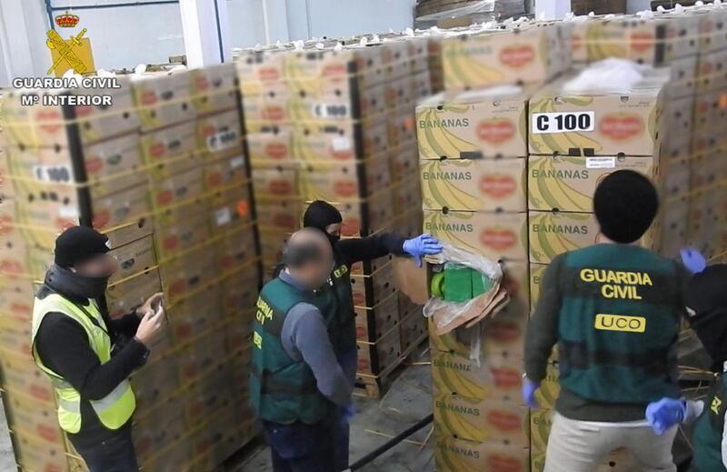 Spanish police find large quantities of cocaine hidden in boxes of bananas.
