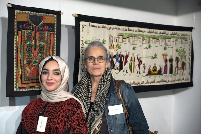 Jan Chalmers and Jehan Al Farra, Palestine History Tapestry exhibition, which recently opened at the P21 Gallery in London. Photo by William Parry.